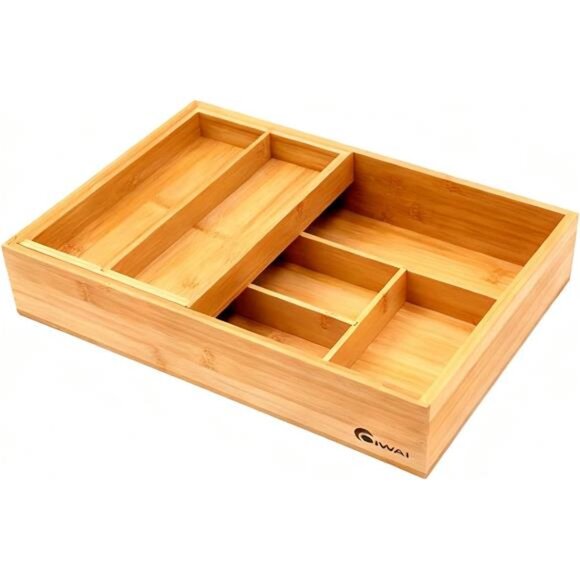 Bamboo 2 Tier Drawer Organizer Removable Cutlery Tray Kitchen Utensil Holder - Picture 7 of 8